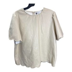 NWT THML Top LARGE Beige Scalloped Short Sleeve Crewneck Minimalist Chic Blouse